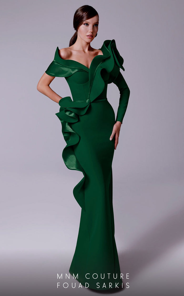 Fouad Sarkis 2714 Sculpted Ruffle Off-Shoulder Gown