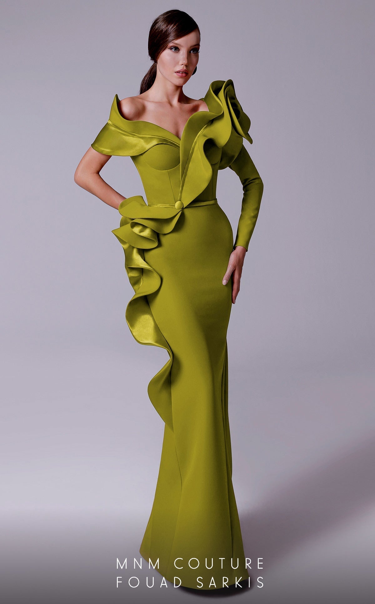 Fouad Sarkis 2714 Sculpted Ruffle Off-Shoulder Gown