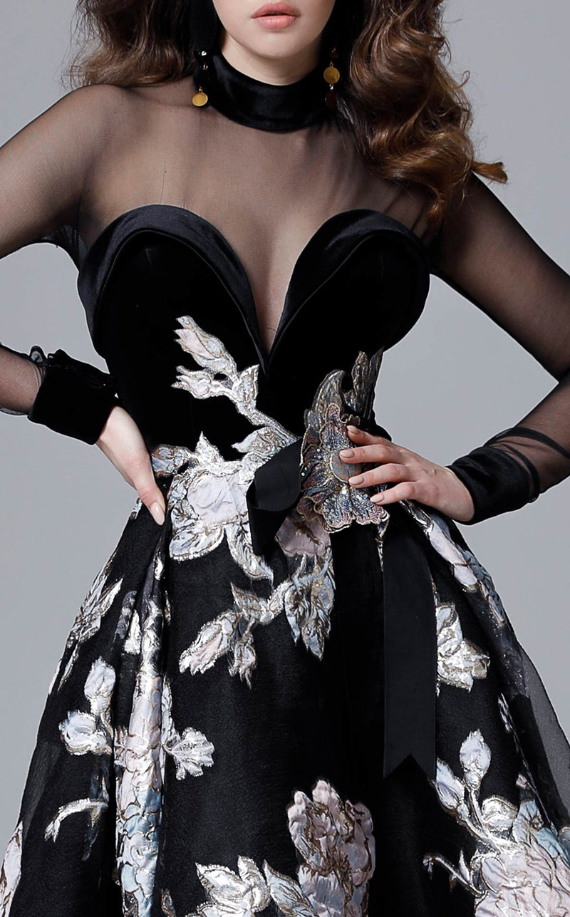 MNM Couture 2715 Sheer Bodice Floral High-Low Gown in Black