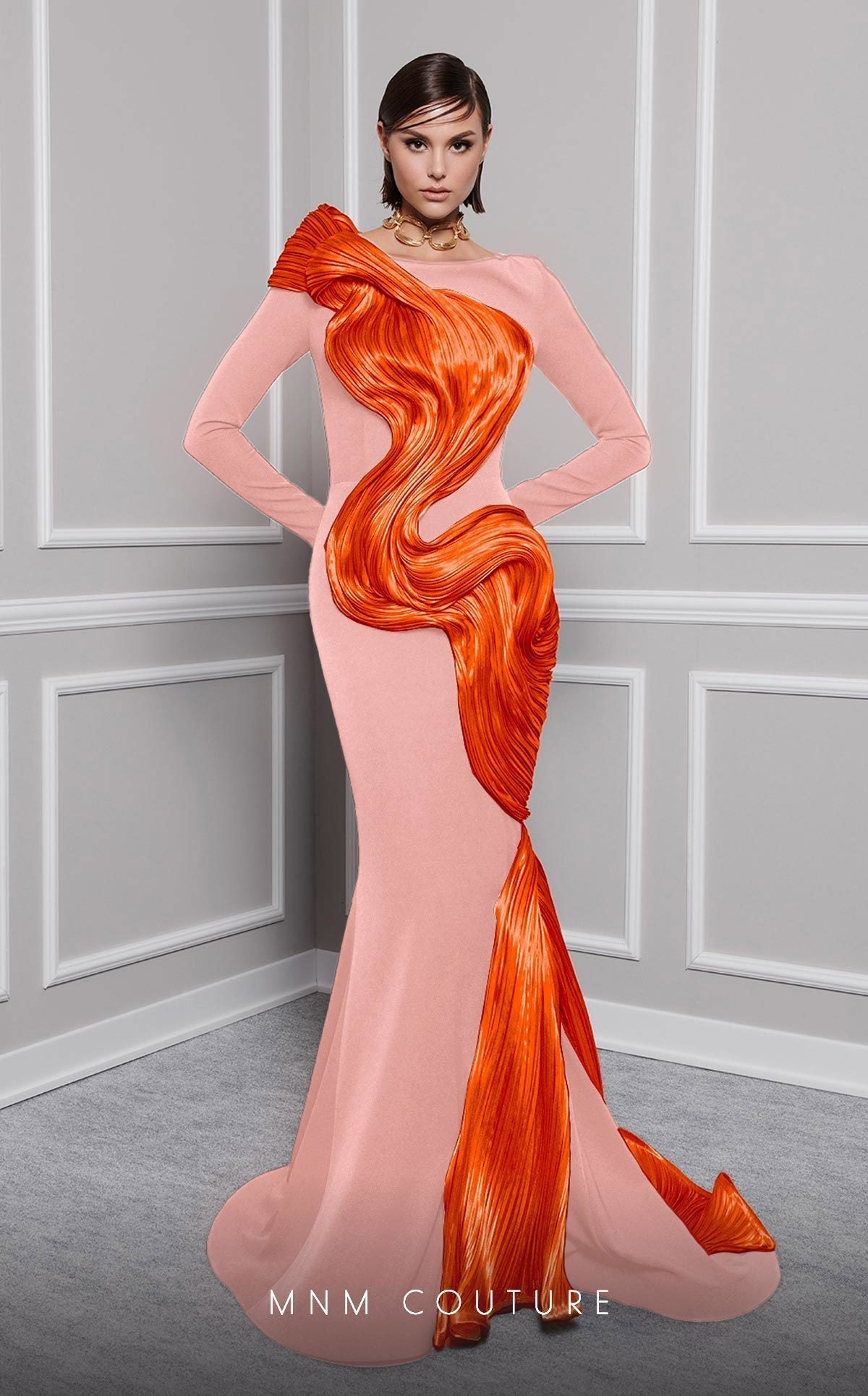 MNM Couture 2730A Jewel Neck Draped Mermaid Gown in Black/Olive