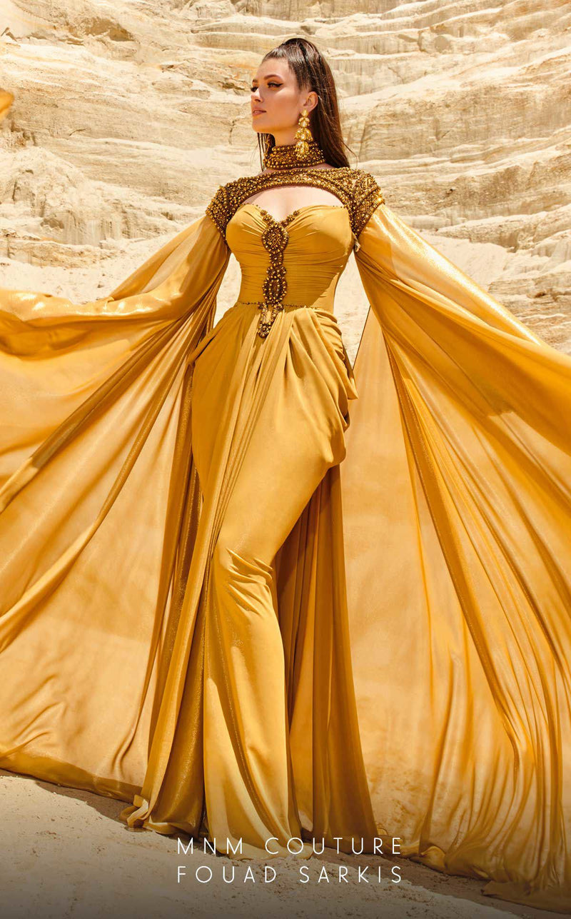 MNM Couture 2759 Mustard Metallic Chiffon Column Gown with Cap Sleeves
