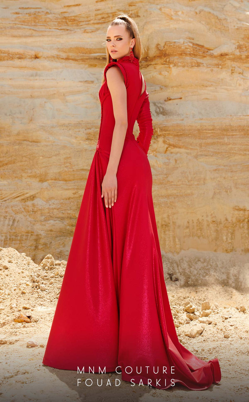 Fouad Sarkis 2764 High-Neck Ruched Gown with Slit