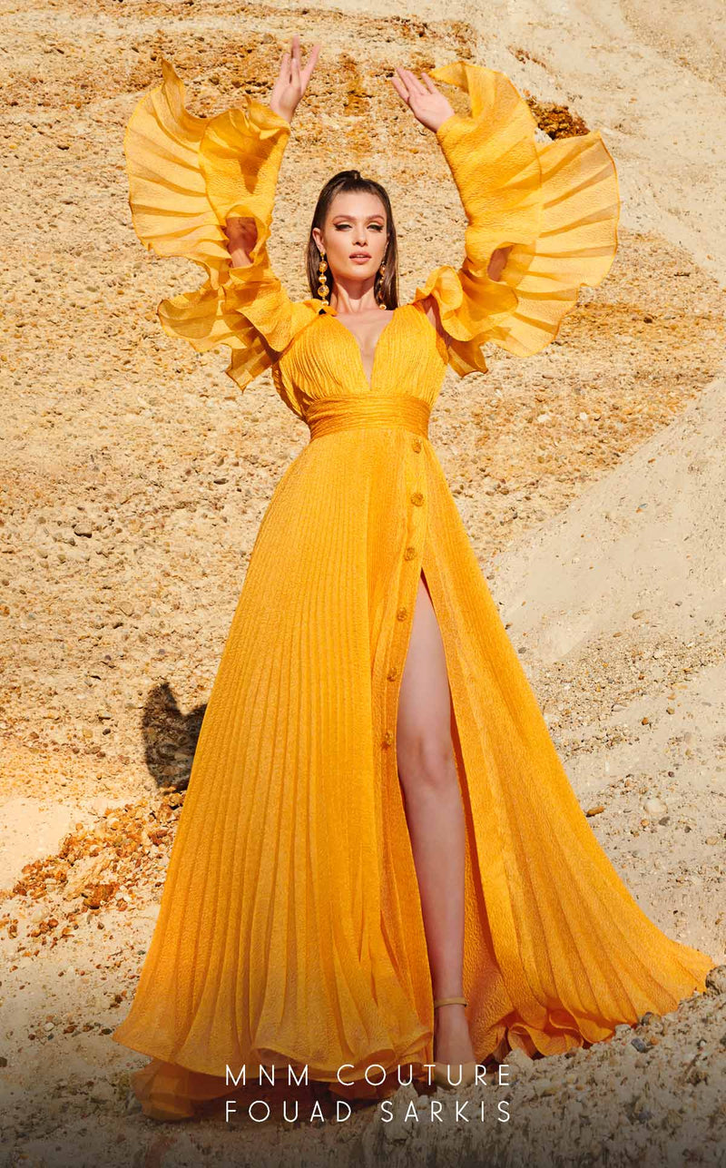 Fouad Sarkis 2775 Pleated Gown with Statement Sleeves