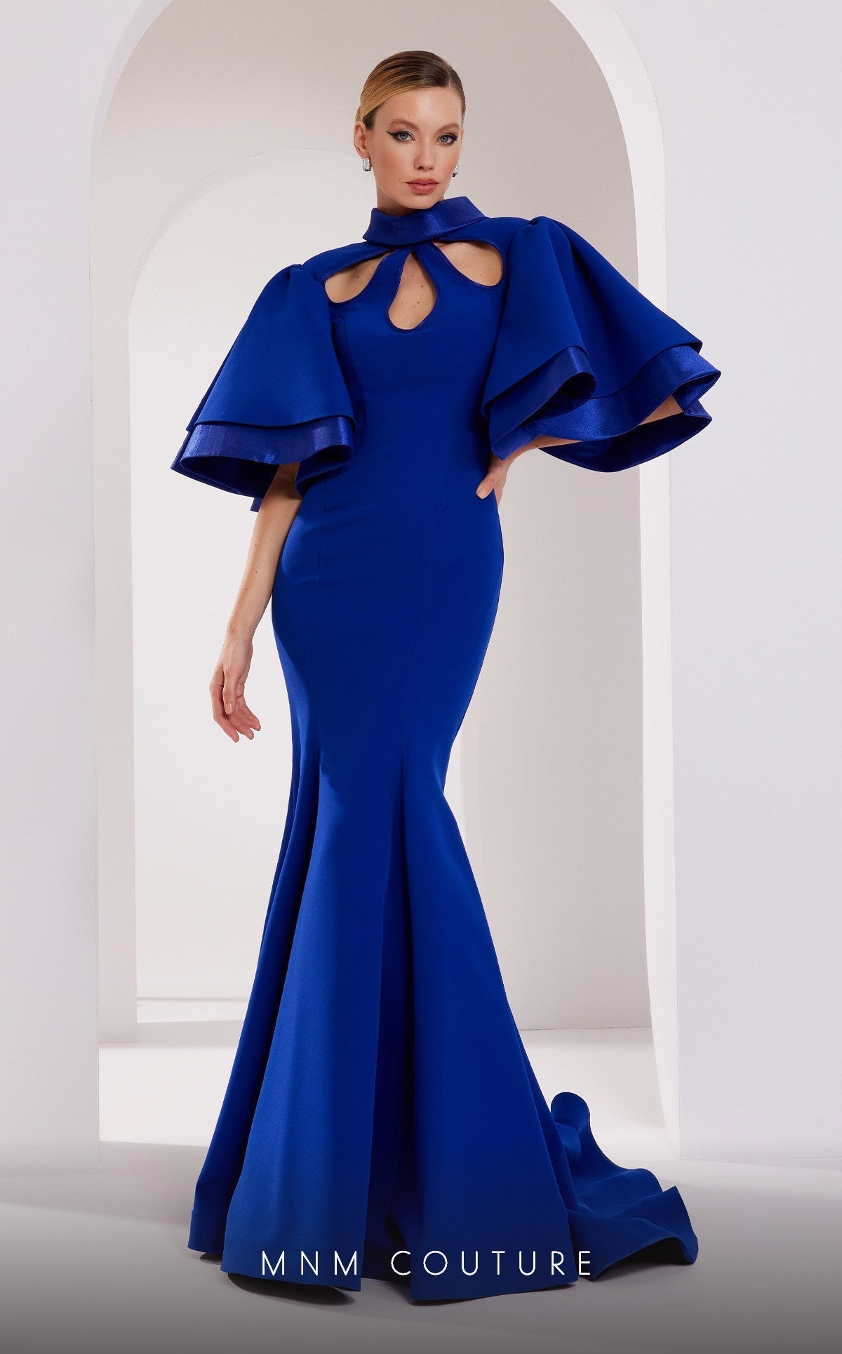 MNM Couture 2798 Black Mermaid Gown with Keyhole Neck & Puffed Sleeves