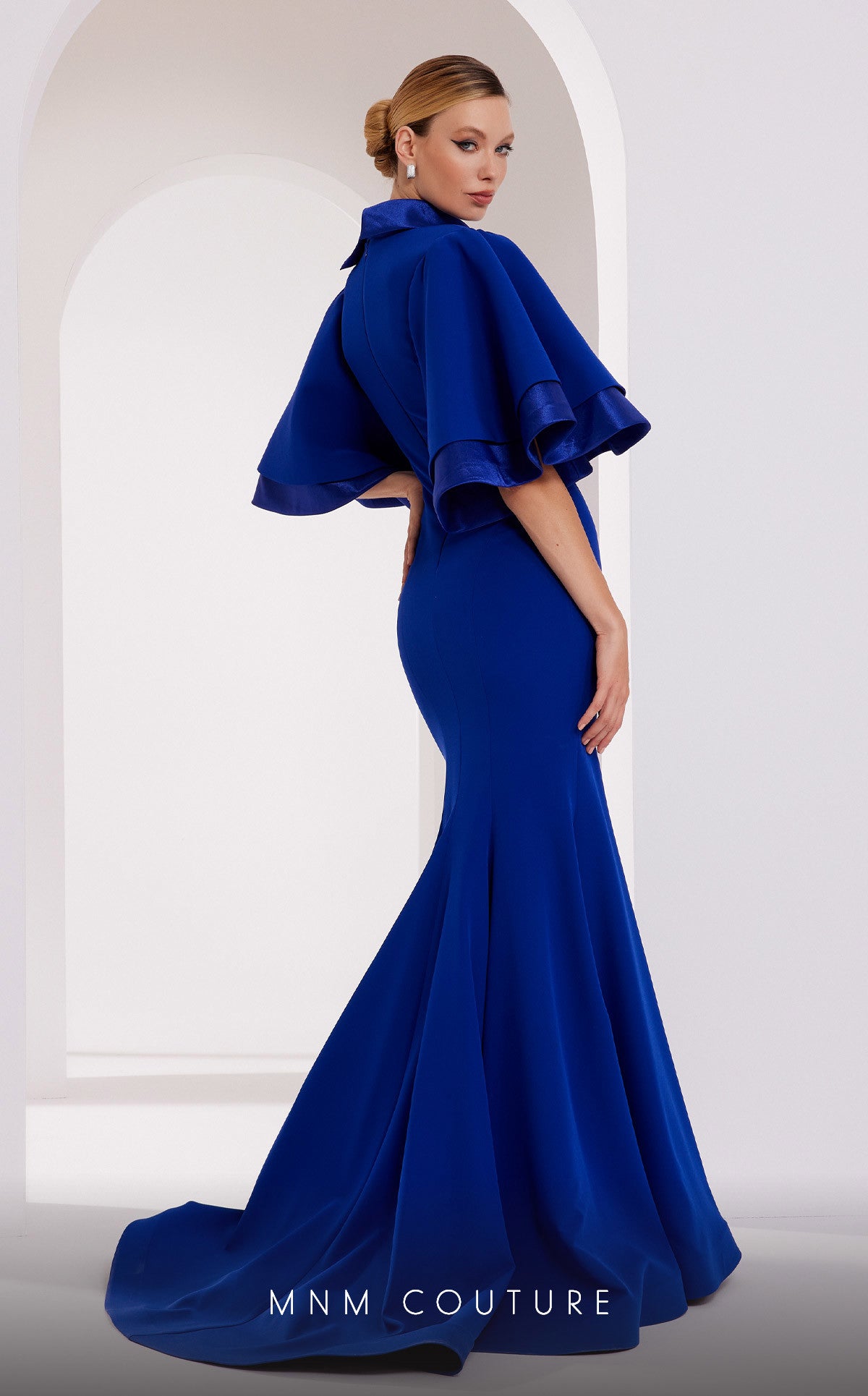 MNM Couture 2798 Black Mermaid Gown with Keyhole Neck & Puffed Sleeves