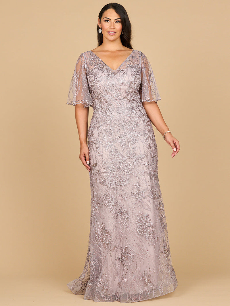 Lara 28880- Overskirt Lace Fitted V-Neck Gown with Cape Sleeves