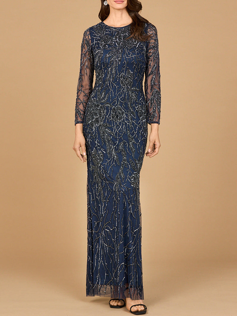 Lara 28889 High Neck Long Sleeve Beaded Mother of Bride Gown