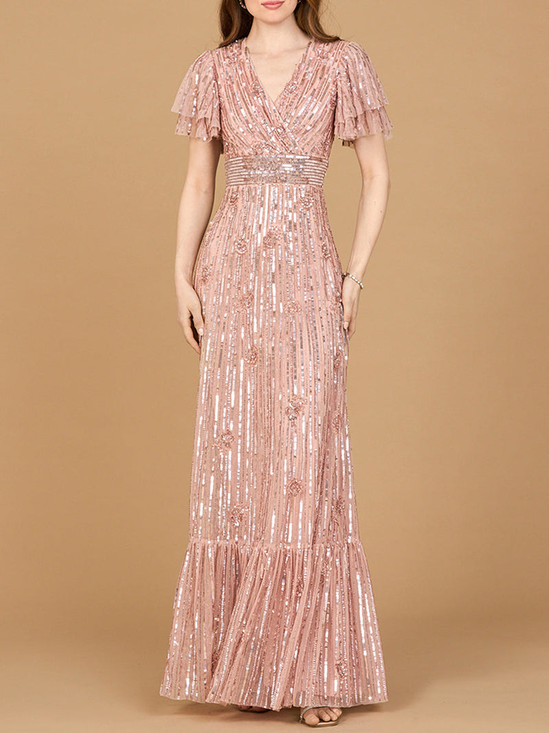 Elegant Beaded Gown with Flutter Sleeves