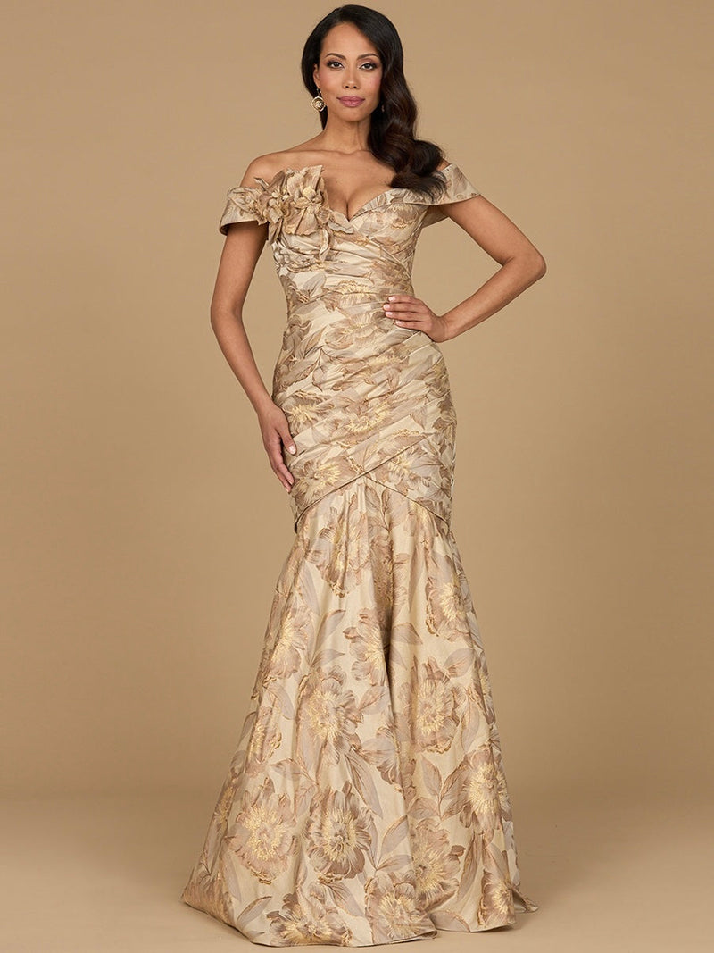 Lara 28920 Floral Print Mother of Groom Dress Off Shoulder Brocade Mermaid Evening Gown