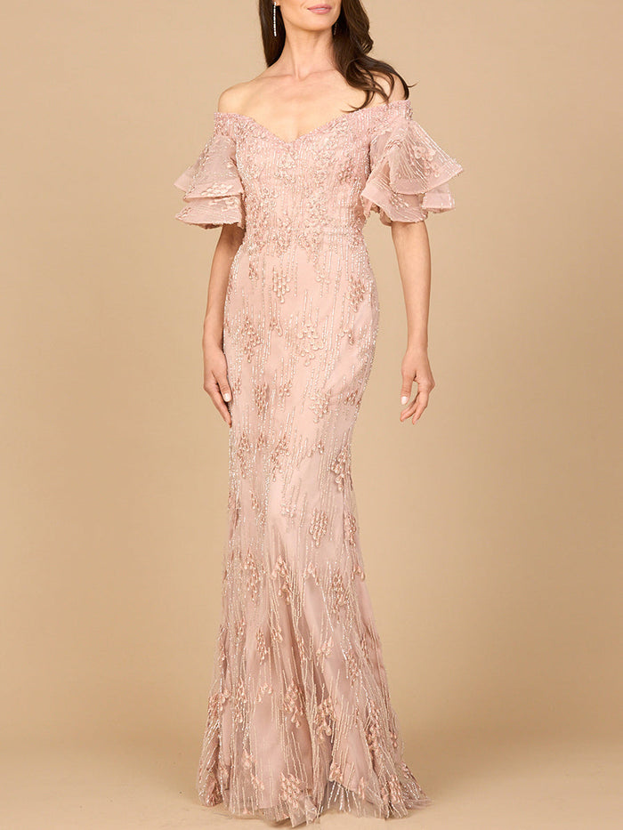 Off Shoulder Mermaid Gown with Tiered Sleeves