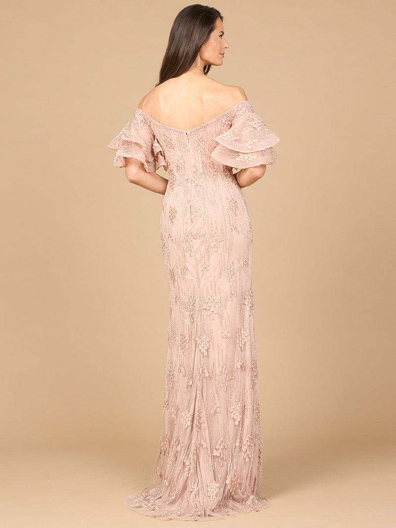 Off Shoulder Mermaid Gown with Tiered Sleeves