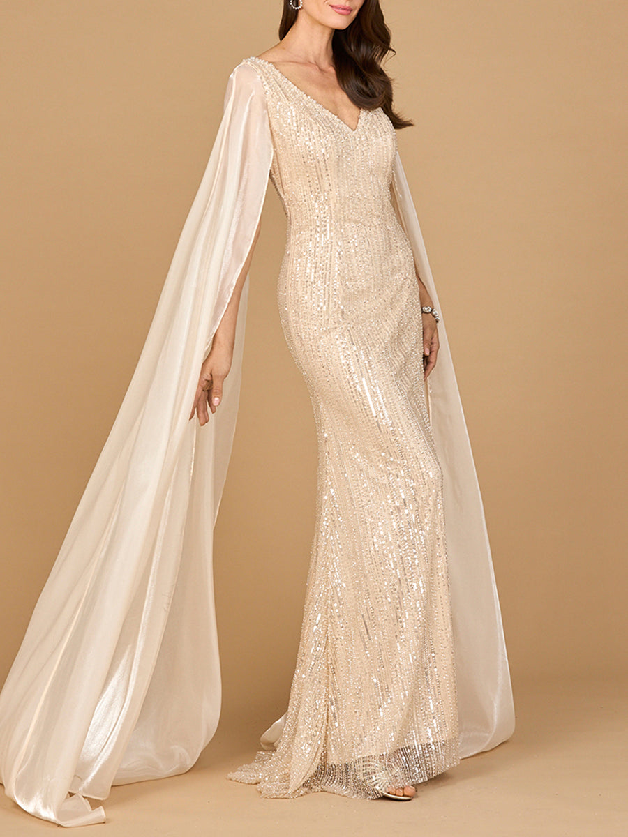 Lara 28942 Champagne Beaded V-neck Evening Gown with Satin Cape Sleeves