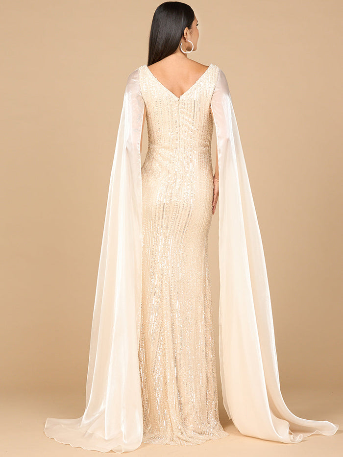 Lara 28942 Champagne Beaded V-neck Evening Gown with Satin Cape Sleeves