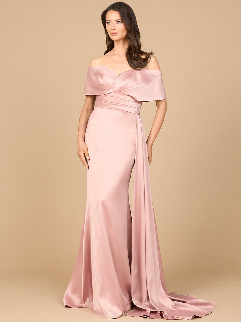Lara 28945 Off Shoulder Satin Formal Dress Long Side Cape Mother of the Bride Dress