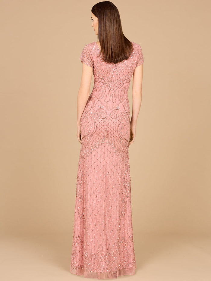 Lara 29073 Beaded Cap Sleeve Formal Evening Gown With V-Neckline
