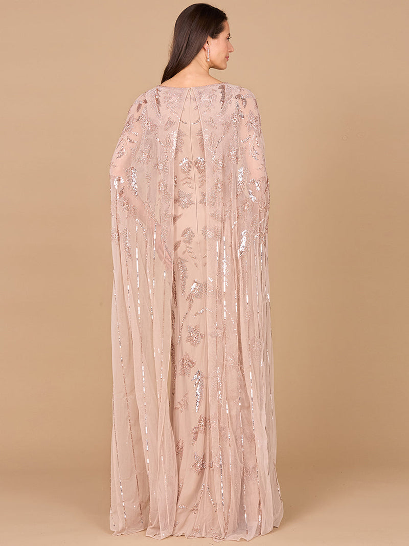 Beaded Sheath Dress with Long Cape