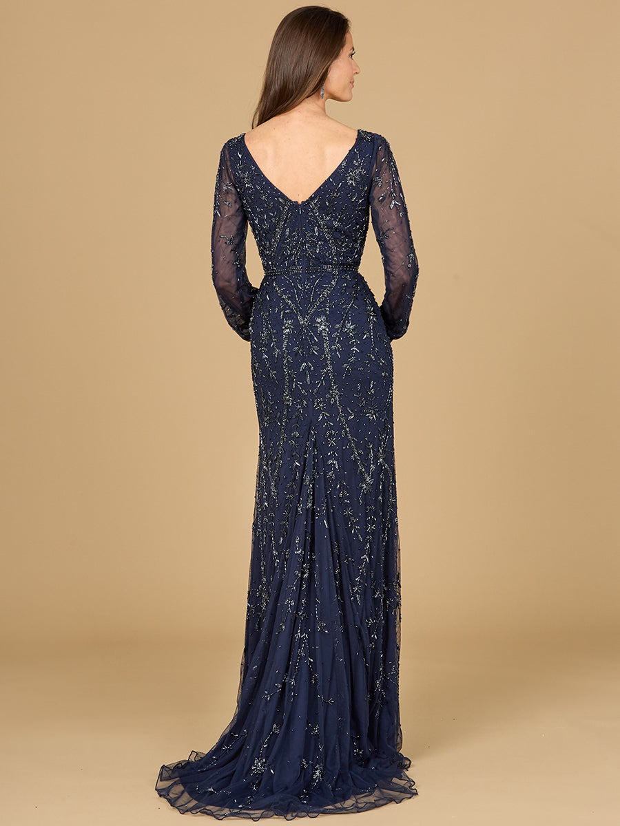 V-Neck Beaded Gown with Sleeves