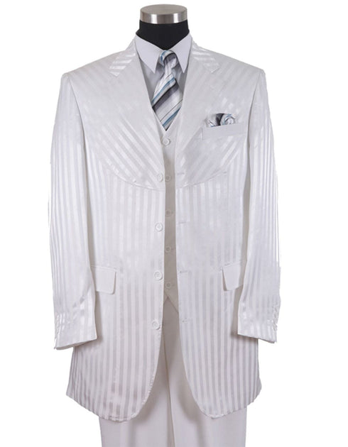 Mens Cheap White Suit 3 Button Ton on Ton Stripe Fashion Suit in White