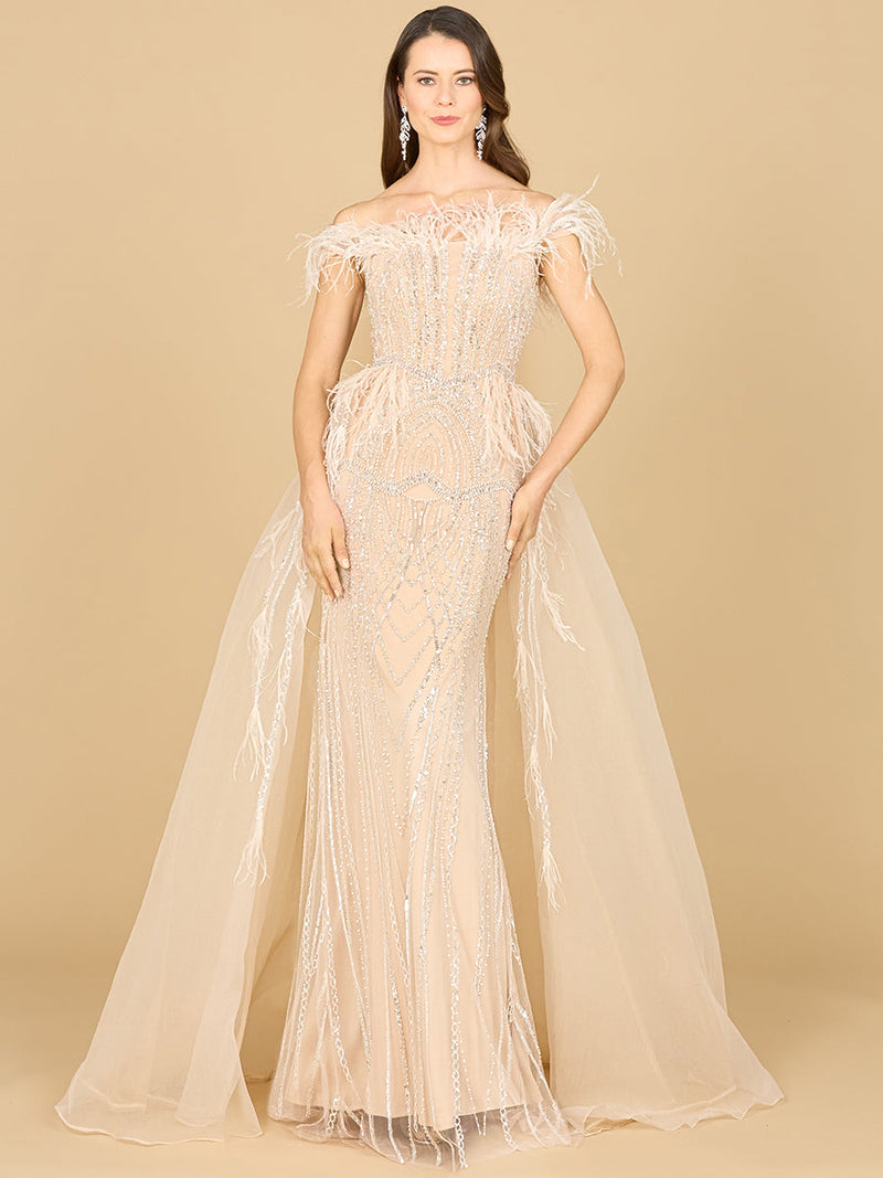 Lara 29161 Overskirt Mother of the Bride Dress Off Shoulder Evening Gown with Feathers