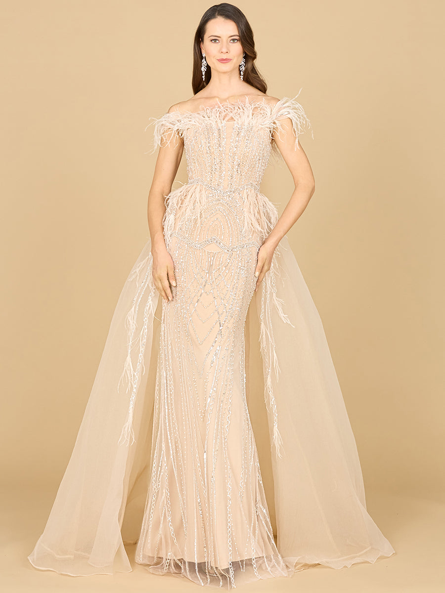 Lara 29161 Overskirt Mother of the Bride Dress Off Shoulder Evening Gown with Feathers