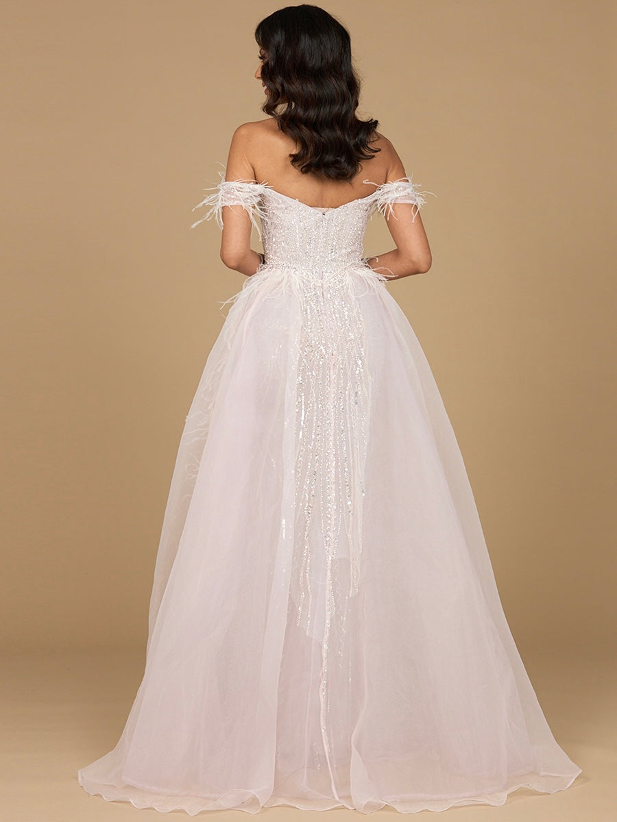 Lara 29161 Overskirt Mother of the Bride Dress Off Shoulder Evening Gown with Feathers
