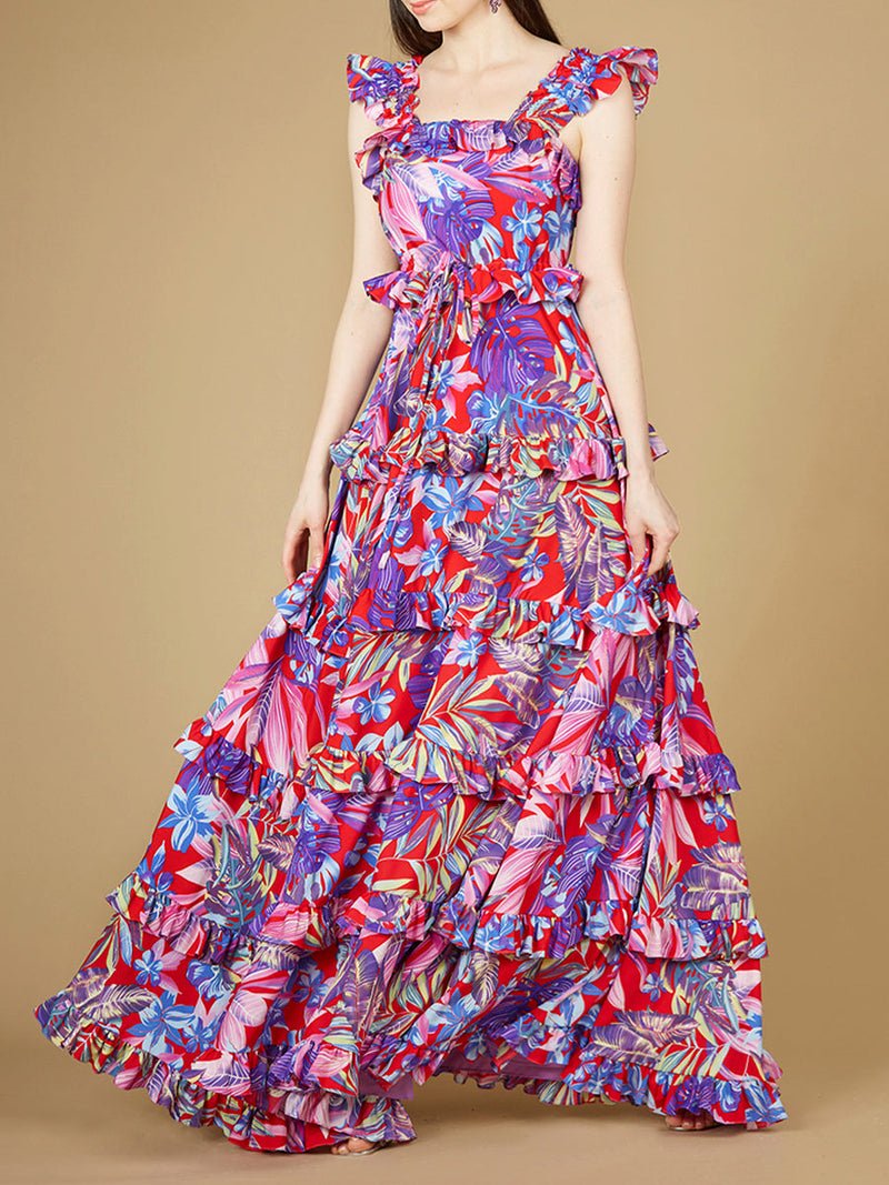 Lara 29271 Red and Purple Floral Print Wedding Guest Dress with Ruffle Skirt