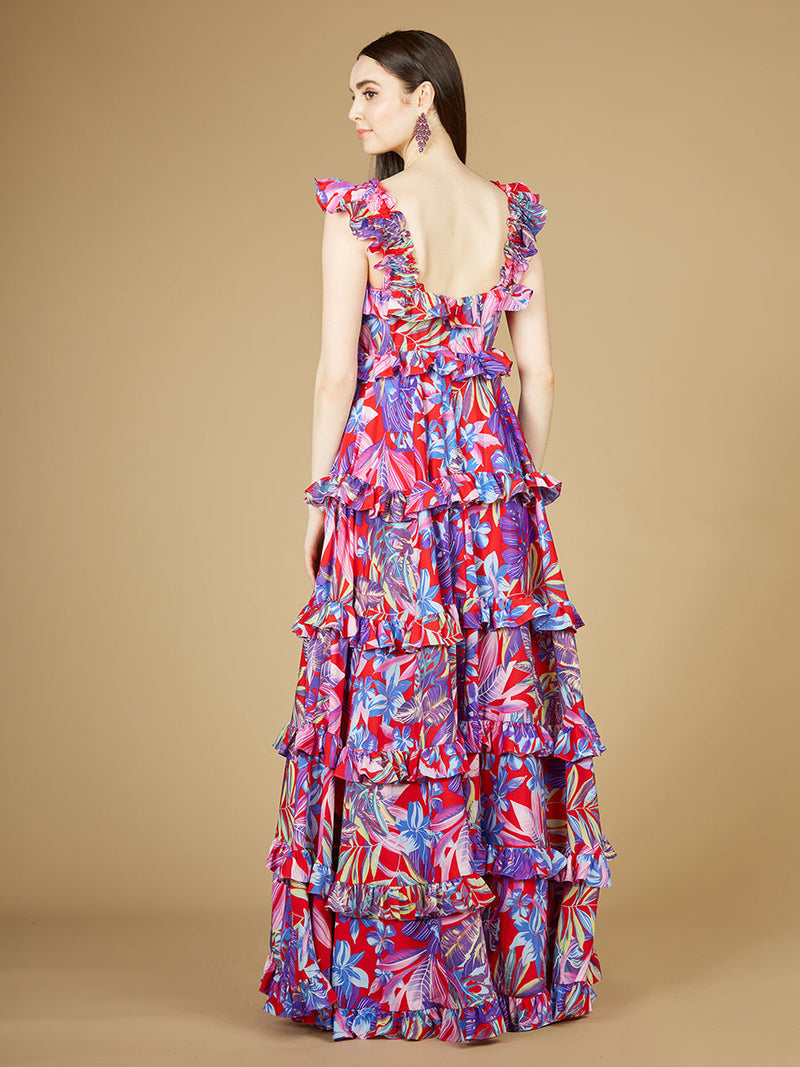 Lara 29271 Red and Purple Floral Print Wedding Guest Dress with Ruffle Skirt