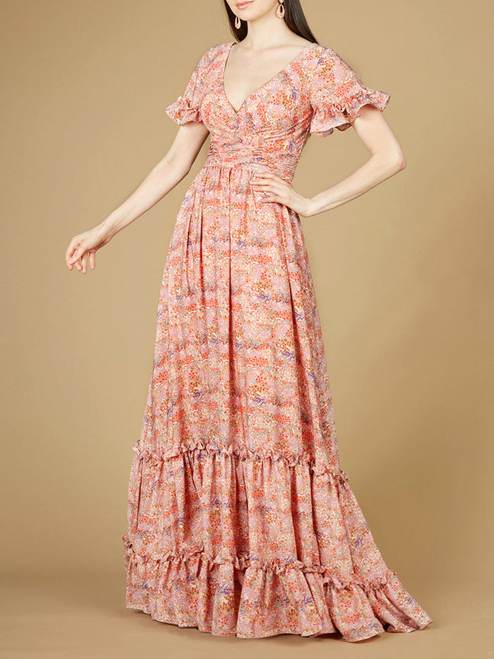 Lara 29273 Pink Long Floral Print Wedding Guest Dress with Cap Sleeves