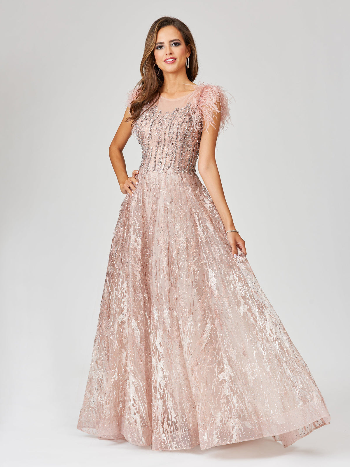 Lara 29475 Lace Beaded ballgown with Feather Cap Sleeves