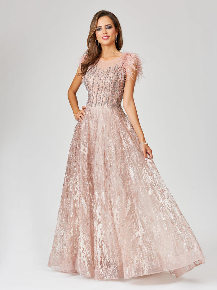 Lara 29475 Lace Beaded ballgown with Feather Cap Sleeves
