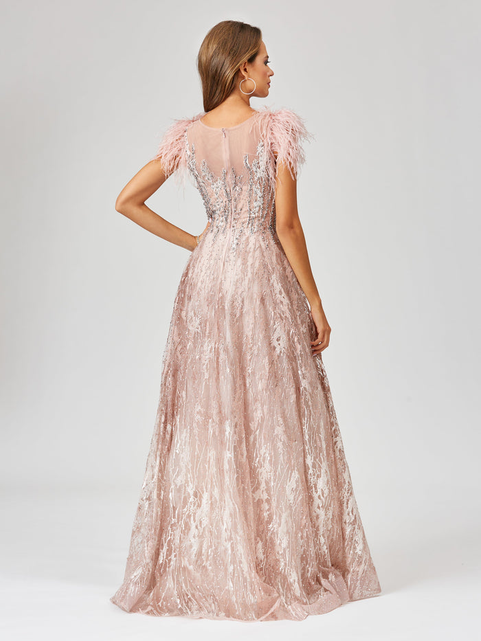 Lara 29475 Lace Beaded ballgown with Feather Cap Sleeves