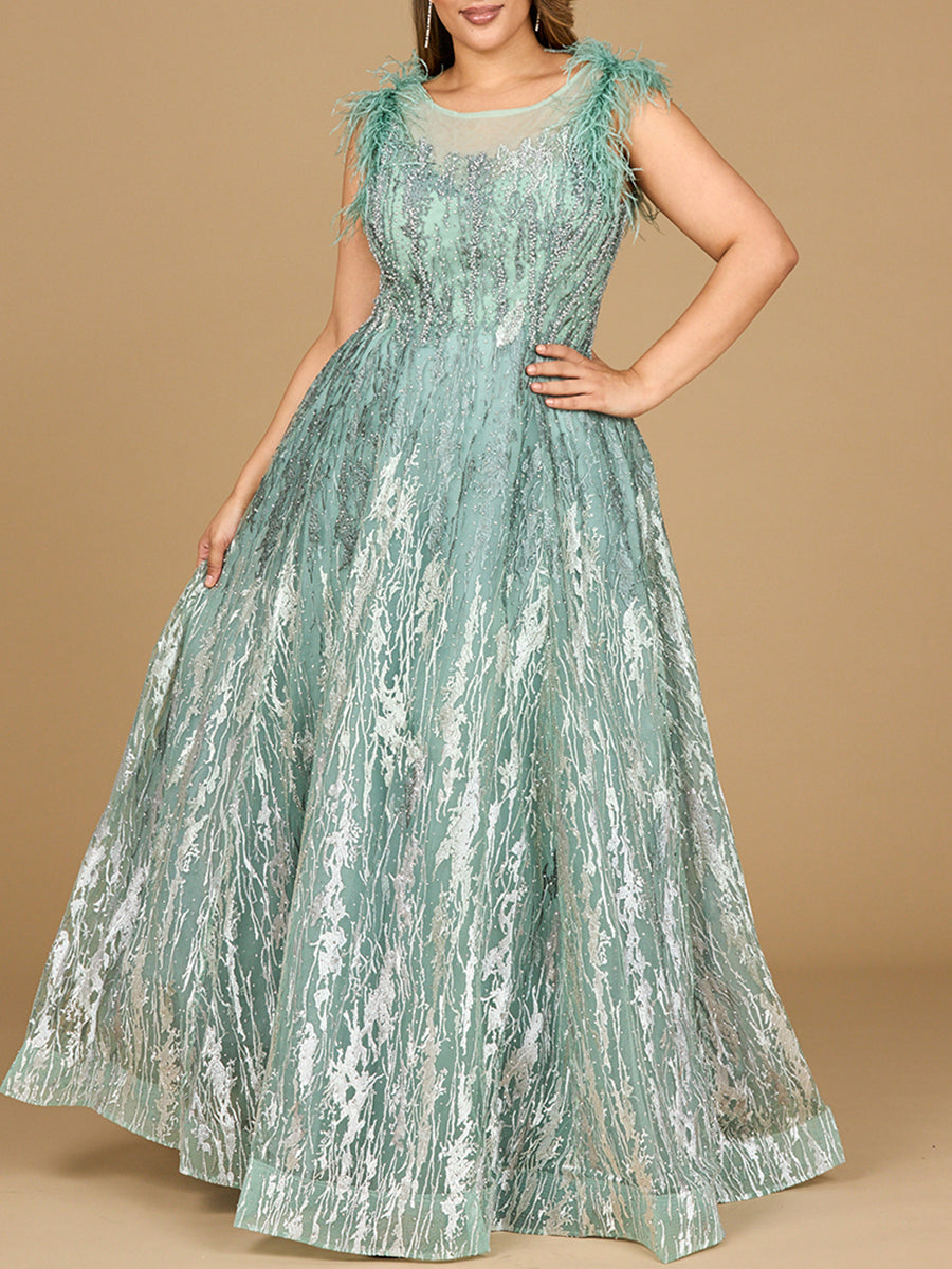 Lara 29475 Lace Beaded ballgown with Feather Cap Sleeves