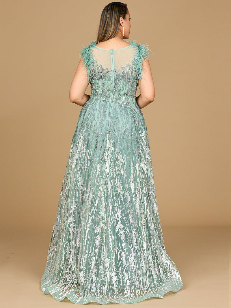 Lara 29475 Lace Beaded ballgown with Feather Cap Sleeves