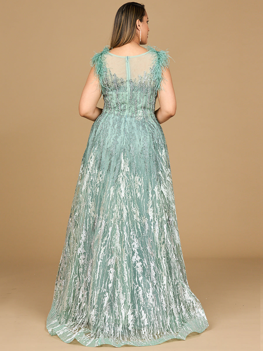 Lara 29475 Lace Beaded ballgown with Feather Cap Sleeves