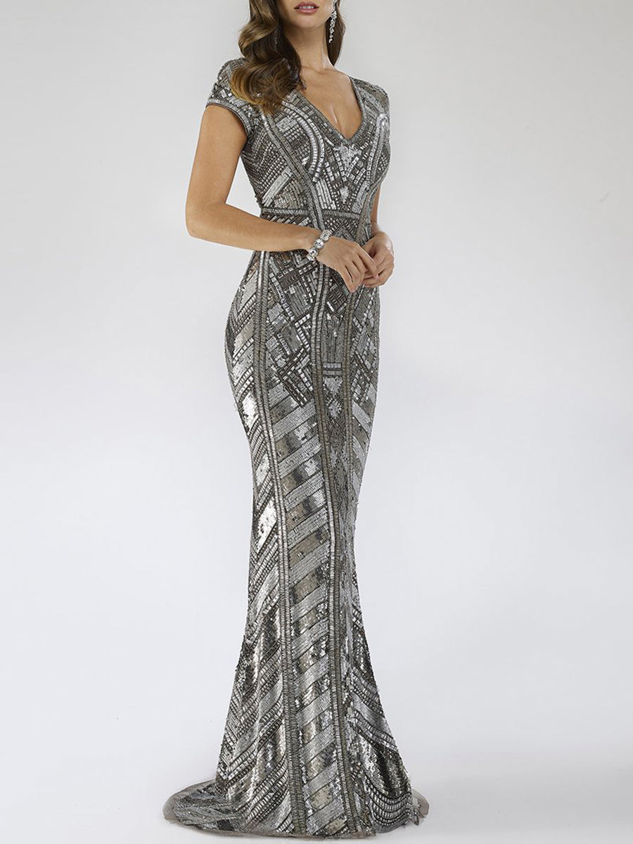 Lara 29540 - Body Con Beaded Silver Petite Dress