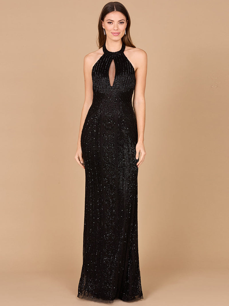Lara 29600 Beaded Halter Neck Prom Dress Keyhole Mermaid Evening Gown
