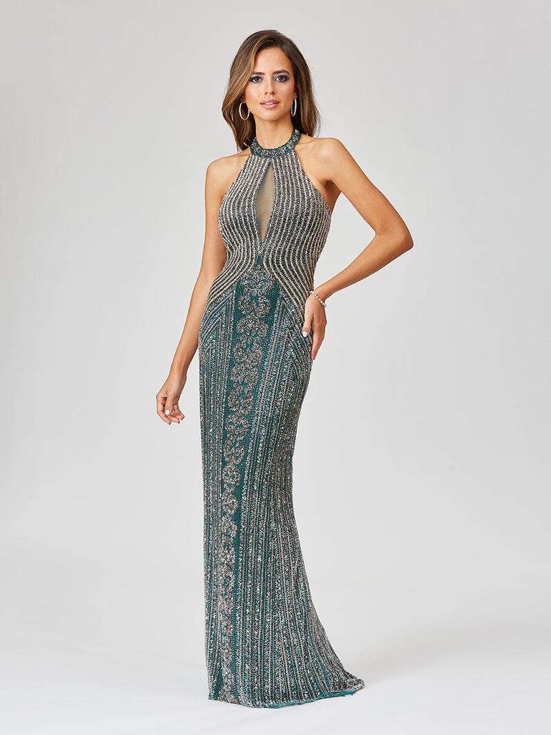 Lara 29600 Beaded Halter Neck Prom Dress Keyhole Mermaid Evening Gown