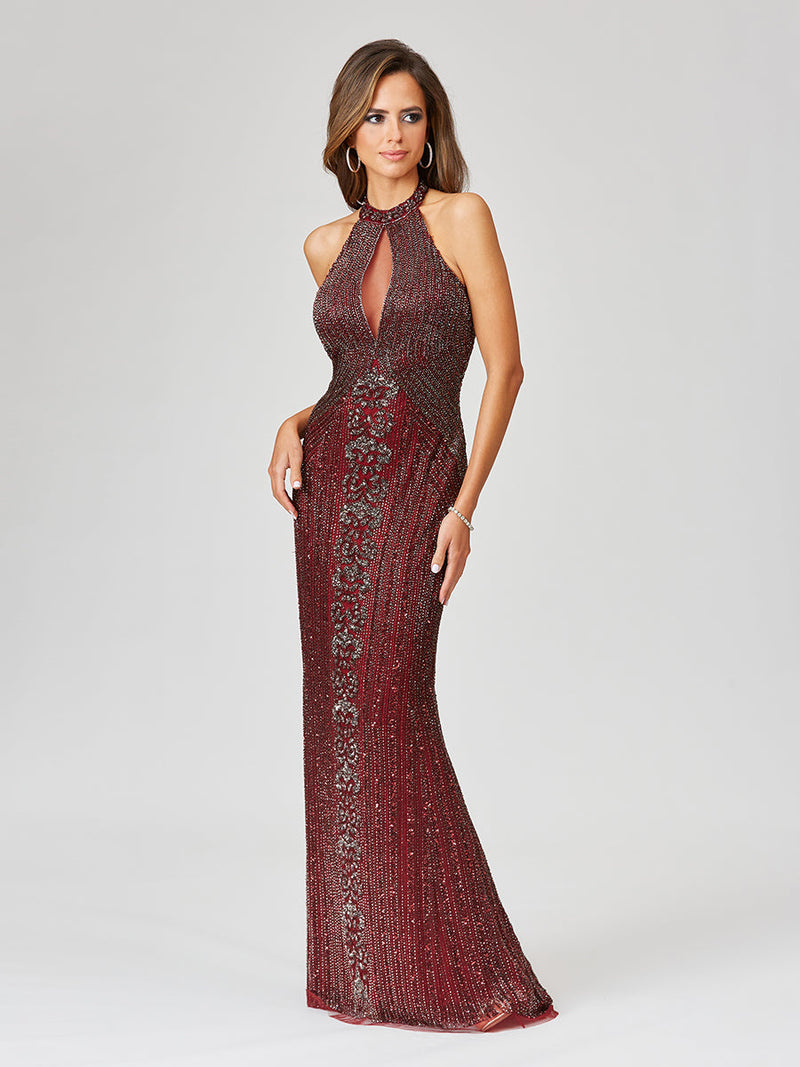 Lara 29600 Beaded Halter Neck Prom Dress Keyhole Mermaid Evening Gown