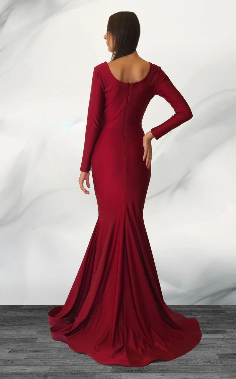 Jessica Angel JA299 V-Neck Long Sleeve Fitted Ruched Evening Jersey Dress