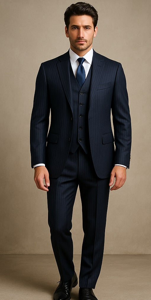 2BV Men's 3 Piece Dark Navy blue Suit For Men Mini Pinstripe ~ Stripe Conservative Italian Design Suit Vested Side Vent Flat Front Pants