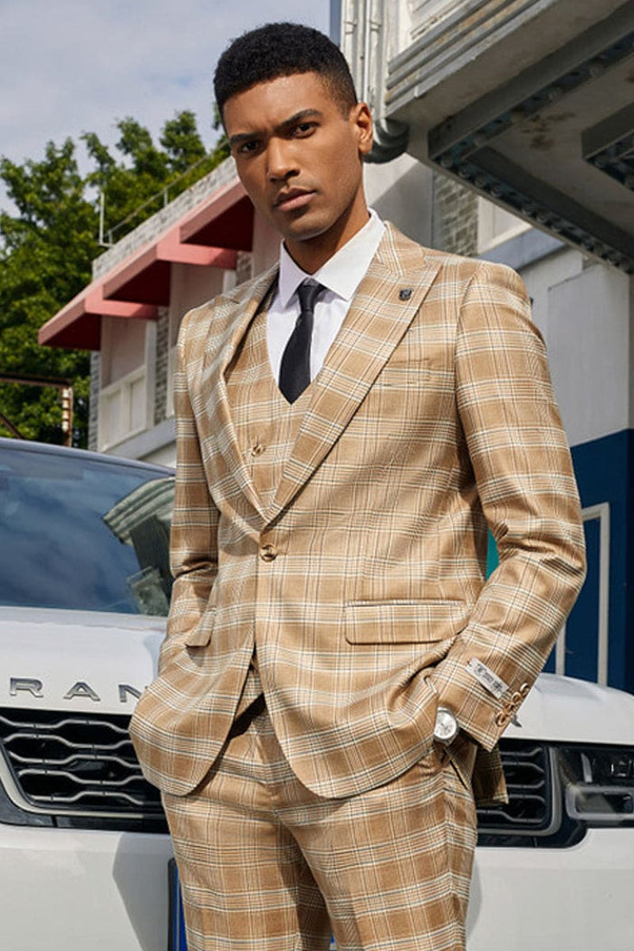 Mens Stacy Adams Suit - Stacy Adams Suit Men's Light Tan Glen Plaid Vested Suit - One Button Peak Lapel