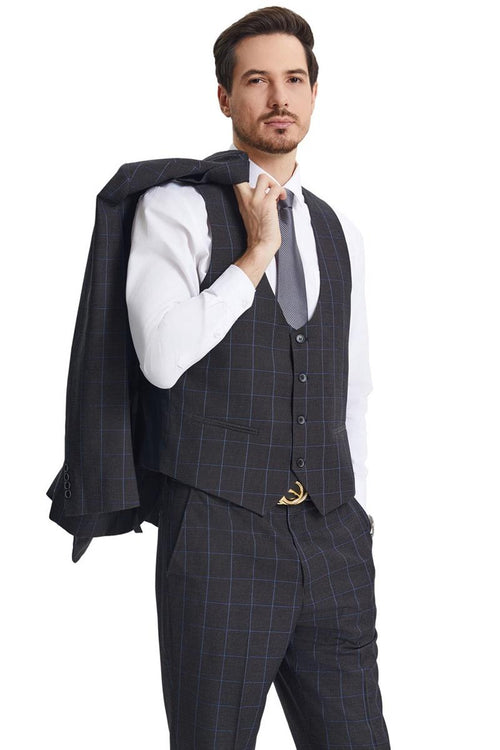 Men's Stacy Adams peak lapel charcoal grey windowpane plaid suit featuring a dark, textured fabric with a blue windowpane pattern; includes a matching scoop neck vest and coordinating pants.
