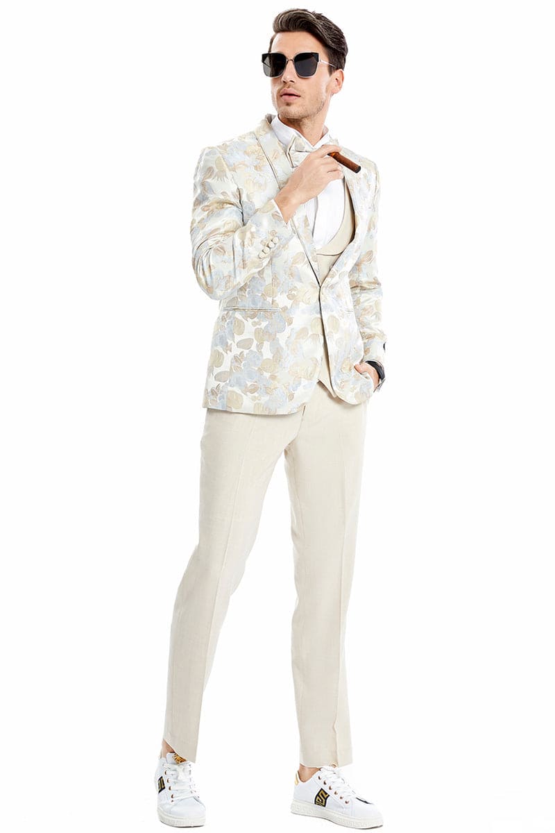"Men's Floral Print Wedding Tuxedo Suit - One Button Vested, Tan"