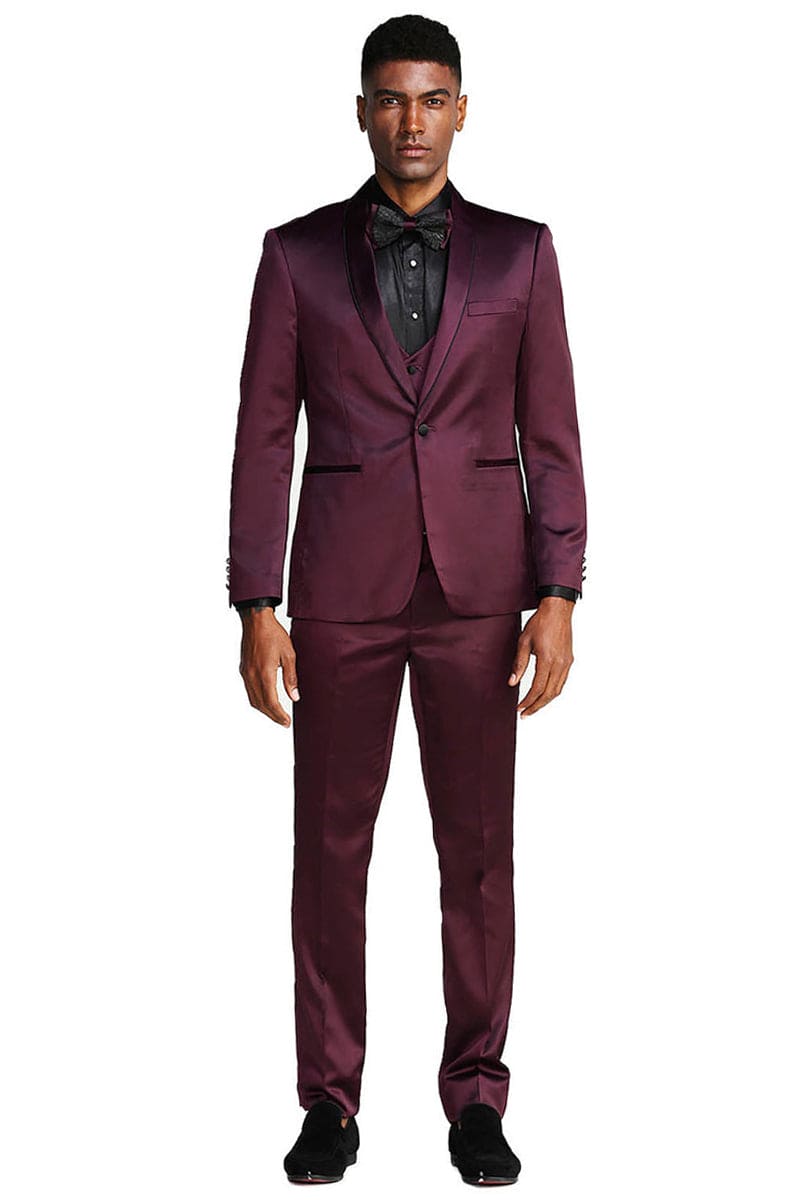 "Burgundy Men's Slim Fit Vested Satin Tuxedo Suit for Prom 2026 & Wedding"