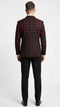 Men’s black and red check double-breasted blazer features a structured back with a checkered pattern in black and red. The blazer has a fitted form and two side vents at the back.