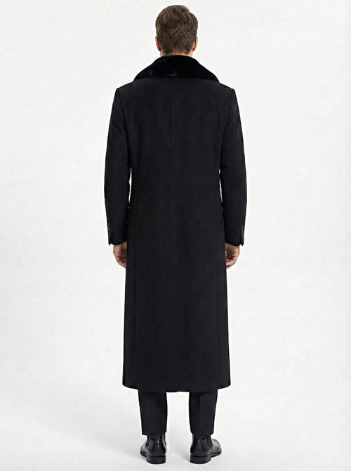 Menâ€™s Black Long Overcoat with Faux Fur Collar, Full Length Winter Topcoat for Formal and Business Wear