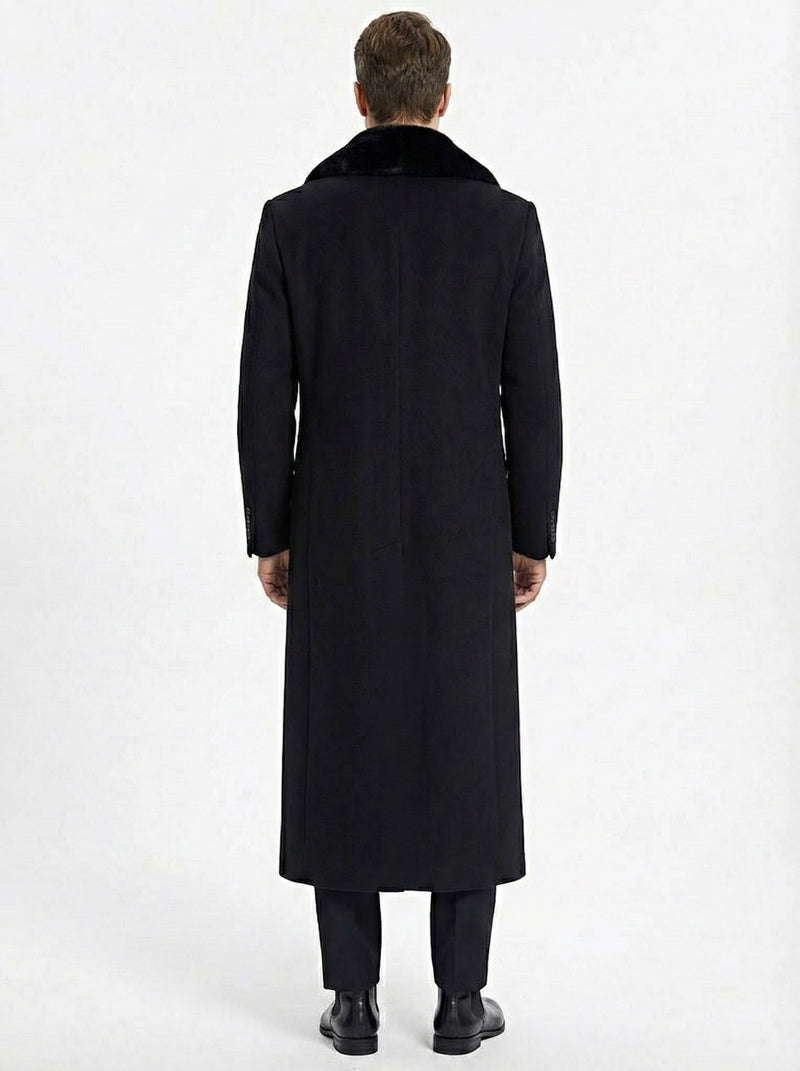 Mens Black Long Overcoat with Faux Fur Collar, Full Length Winter Topcoat for Formal and Business Wear