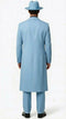 Alberto Nardoni men's light blue zoot suit: long coat & wide-legged trousers in lightweight fabric. Tailored fit, slightly flared hem. Matching hat. Clean, structured silhouette. Uniform light blue.
