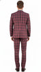 Men's burgundy plaid 3-piece suit. Fitted design with checkered pattern. Tailored jacket, matching trousers to ankles, and vest. Noticeable fabric texture with burgundy and darker hues. Single back vent.