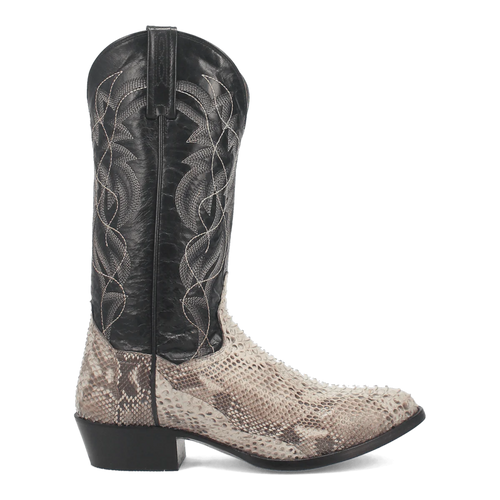 Dan Post Manning Python boots: men's black leather and light brown python snakeskin. Round toe, decorative stitching, and small stacked heel.
